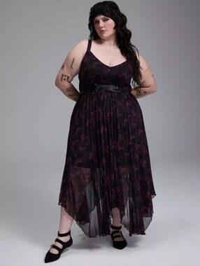 Torrid Nightfall Layered Corset Maxi Dress Midnight Moths Magenta Deep Black 1X